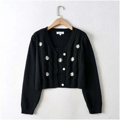Flower Embroidery Short Loose Cardigan Top Coat 7212