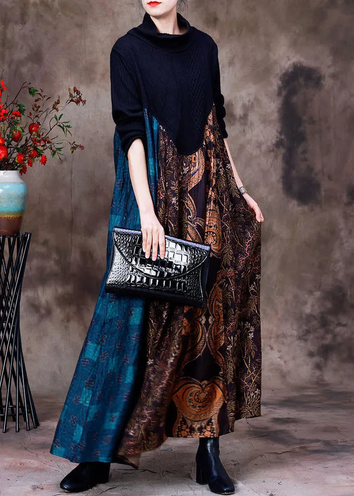 Blue Patchwork Coffee Turtleneck Print Silk Maxi Dress Long Sleeve
