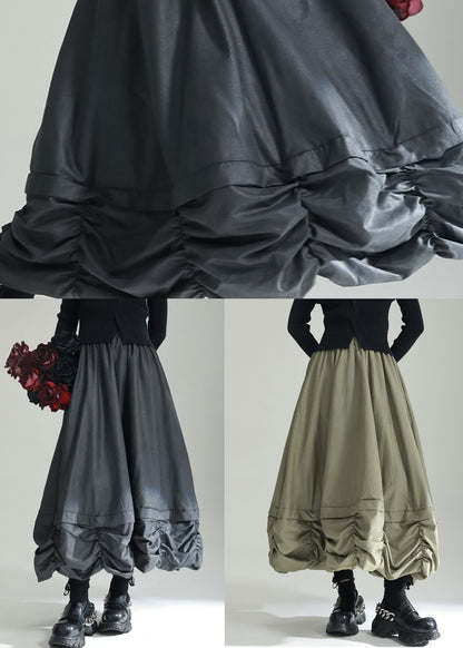 Green Wrinkled Pockets Patchwork Cotton Skirts Fall