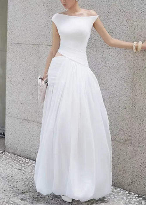 White Asymmetrical Wrinkled Side Open Cotton Dress Summer