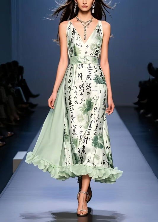 Light Green Print Exra Large Hem Silk Cami Dresses Sleeveless