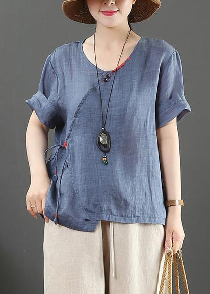 Unique Navy Linen Blouse O Neck Button Down Midi Tops