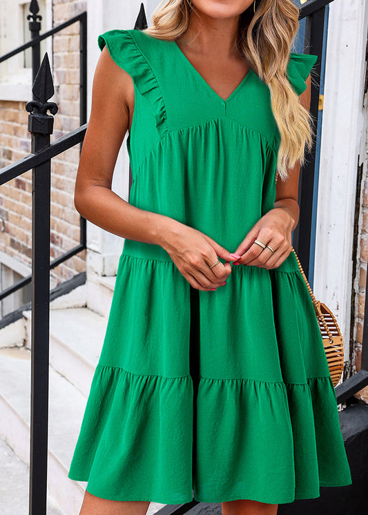 Loose Green V Neck Patchwork Mid Dresses Summe