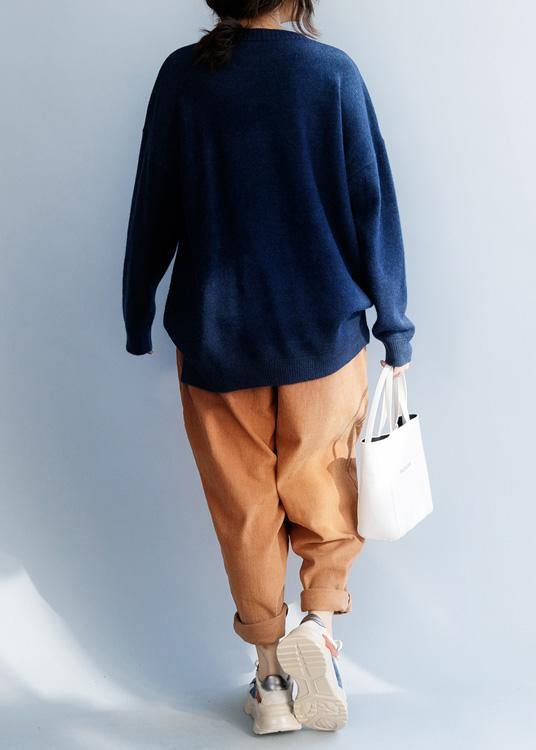 Navy Sweater Tops Winter Loose Fitting Animal Print Knitwear