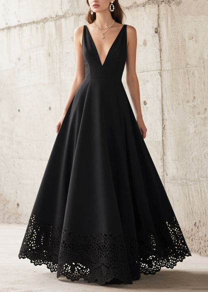 French Black Deep-v Neck Hollow Out Chiffon Long Dresses Summer