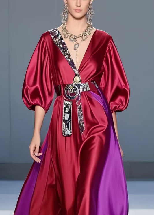 Mulberry Cinched Patchwork Silk Holiday Dress Summer