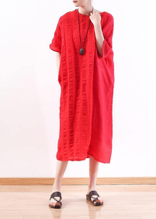 Diy O Neck Half Sleeve Linen Summer Robes Design Red Dresses