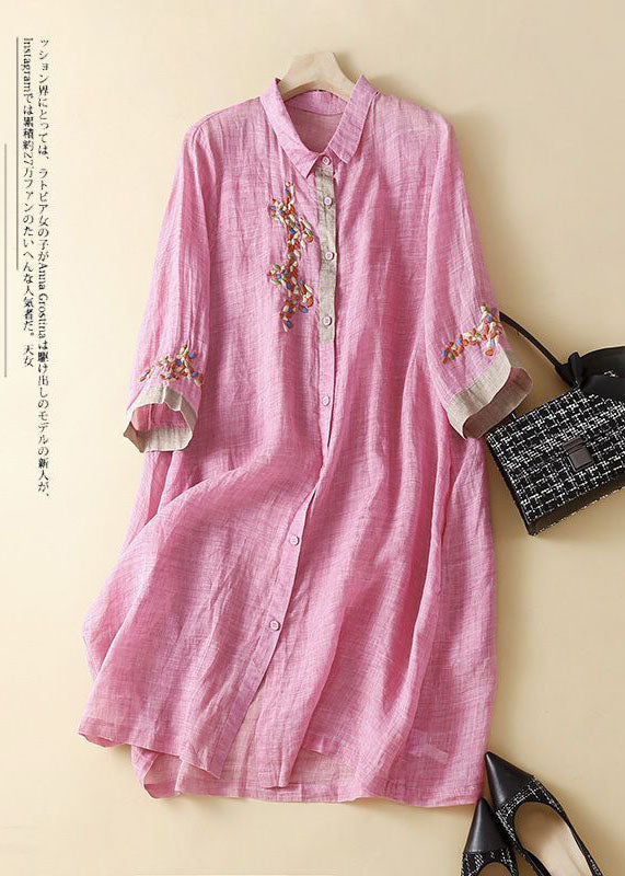 Pink Embroidered Patchwork Linen Shirt Dress Summer