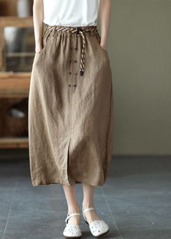 Khaki Asymmetrical Design Patchwork Summer Ramie a Line Skirt