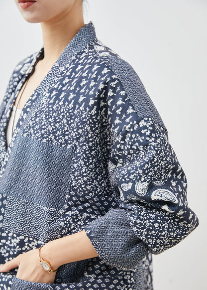 Navy Oversized Print Linen Coat Spring