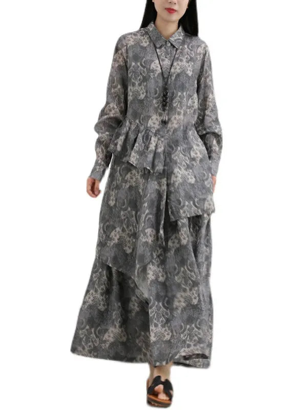 Boutique Grey Peter Pan Collar Print Shirts and Skirts Linen Two Pieces Set Spring