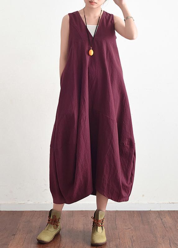 Summer V Neck Cotton Linen Long Dress Baggy Lace Up Backless