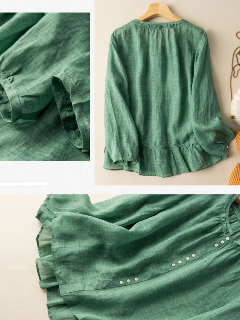 Pure Color Crew Neck Long Sleeve Linen Top