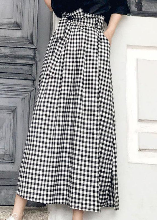 Natural Black White Plaid Bow a Line Summer Skirt Cotton