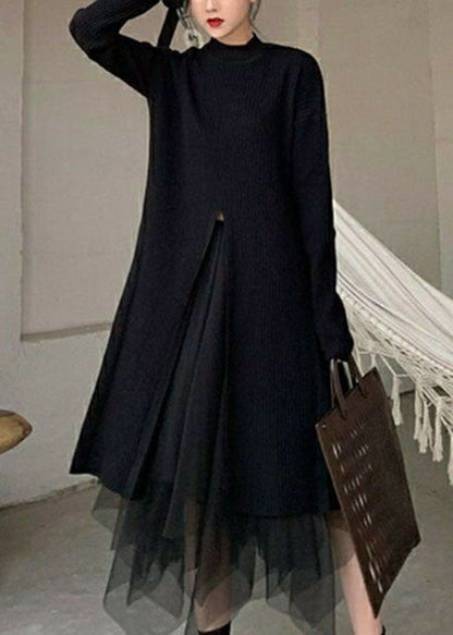 Boutique Black Stand Collar Front Open Knit Tops and Skirts Two Pieces Set Spring