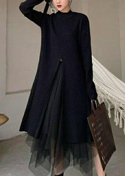Boutique Black Stand Collar Front Open Knit Tops and Skirts Two Pieces Set Spring