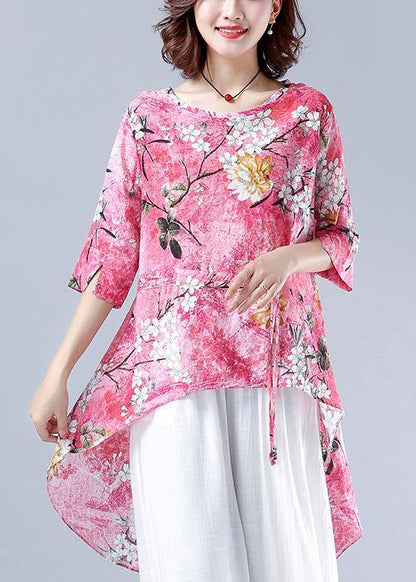 Classy Pink Plant Printing Clothes for O Neck Asymmetric Tops