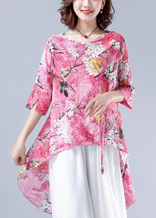 Classy Pink Plant Printing Clothes for O Neck Asymmetric Tops