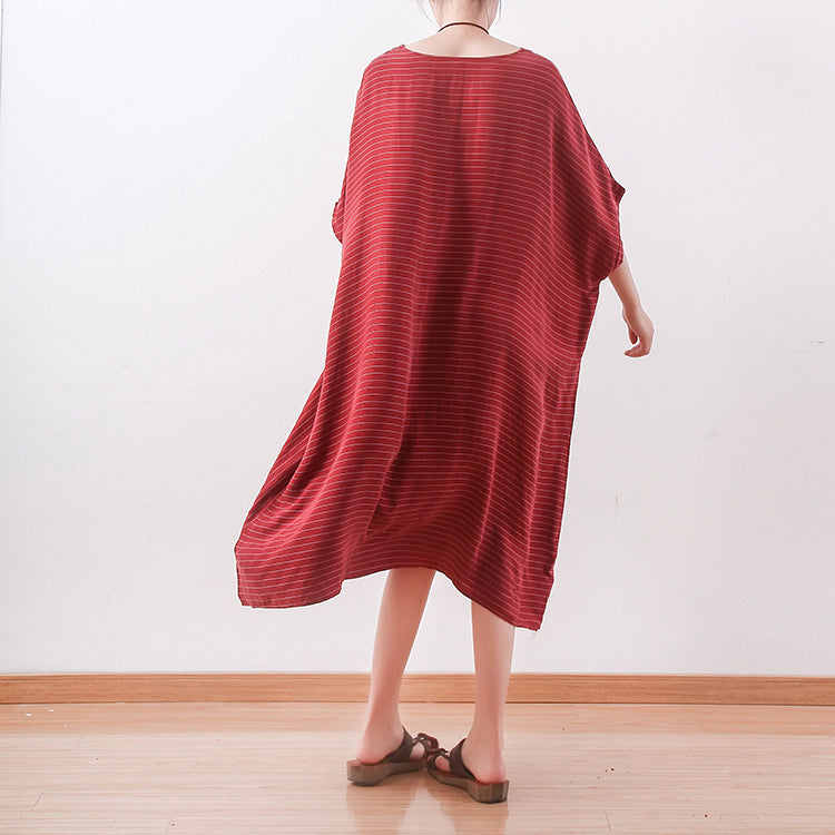 Stylish Red Silk Dresses Asymmetric Patchwork Striped Silk Gown Fine V Neck Silk Caftans