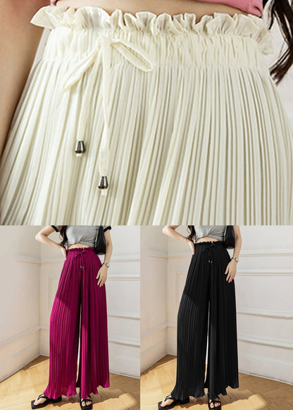 Apricot Lace Up Wrinkled Elastic Waist Chiffon Crop Pants