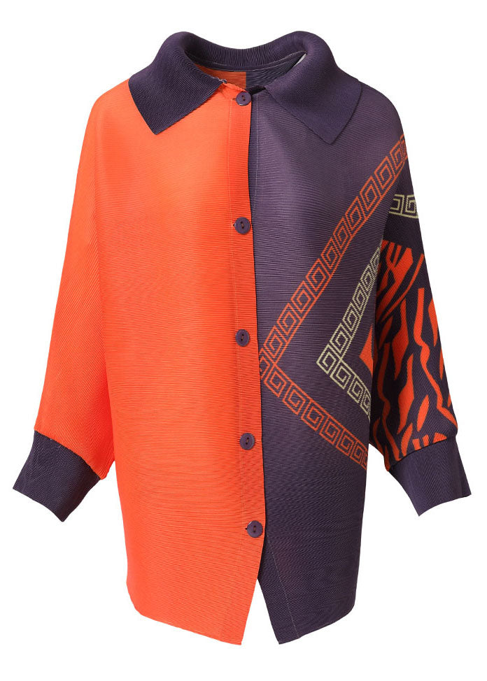 Orange Peter Pan Collar Print Button Shirt Long Sleeve