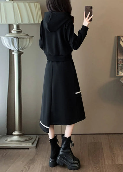 Black Hooded Sweatshirt and Skirts Cotton Two Piece Set Spring