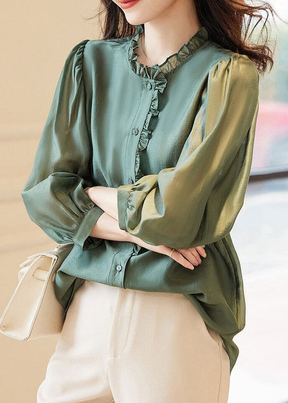 Green Button Chiffon Blouses Ruffled Spring