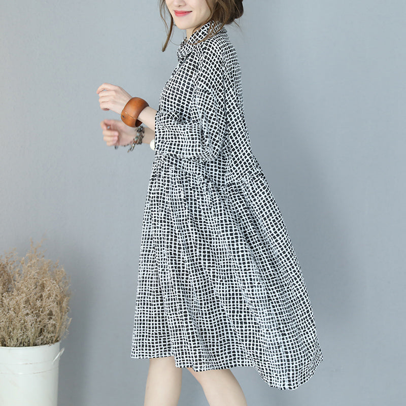 Fine Black Plaid Pure Cotton Dress Clothing Shirt Dress Boutique Lapel Collar Bracelet Sleeved Natural Cotton Dress