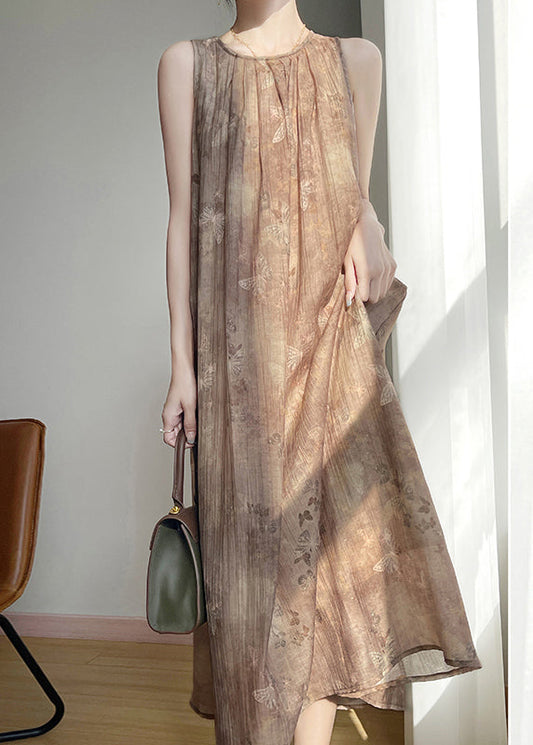 Brown O Neck Print Cotton Long Dress Sleeveless