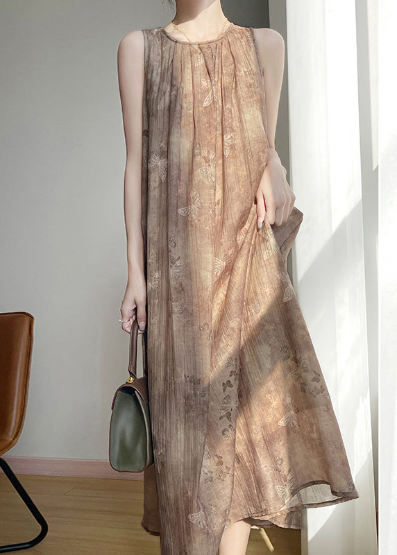Brown O Neck Print Cotton Long Dress Sleeveless