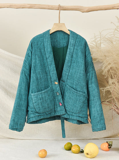 Winter Artsy Worn Button Pocket Linen Coat
