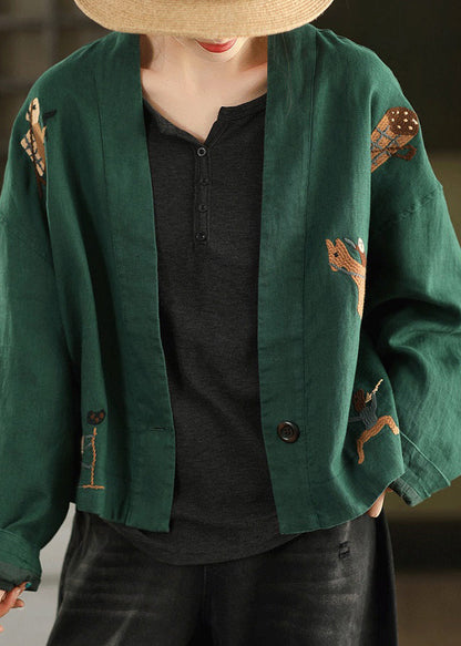 Loose Green V Neck Coats Long Sleeve