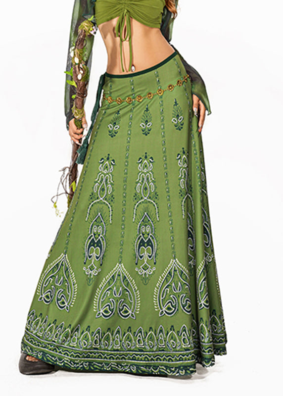 Art Green Print High Waist a Line Skirt Summer