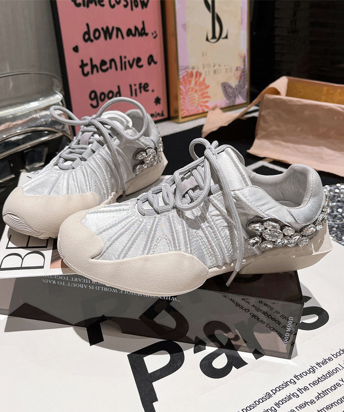 Pink Canvas Lace Up Zircon Splicing Flat Shoes for
