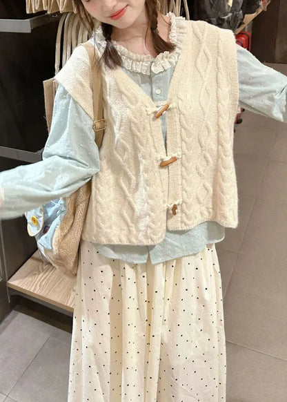 Beige V Neck Knit Waistcoat Shirts and Skirt Tress Piece Set Fall