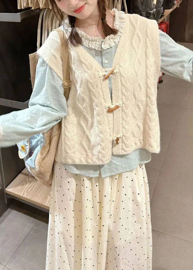 Beige V Neck Knit Waistcoat Shirts and Skirt Tress Piece Set Fall