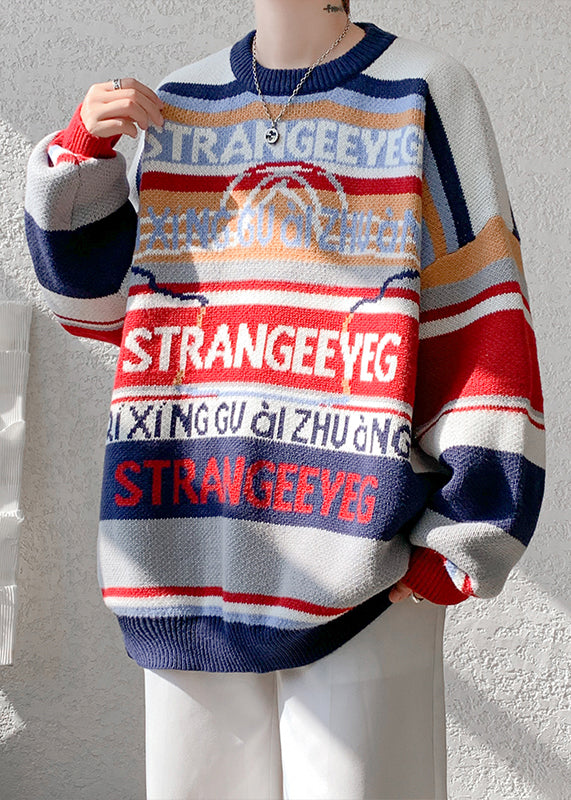Navy Letter Patchwork Knit Sweater O Neck Winter