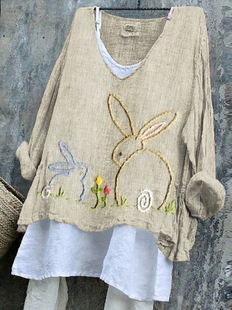 Women's Cute Bunny Embroidered Linen Blend Shirt elevenforest