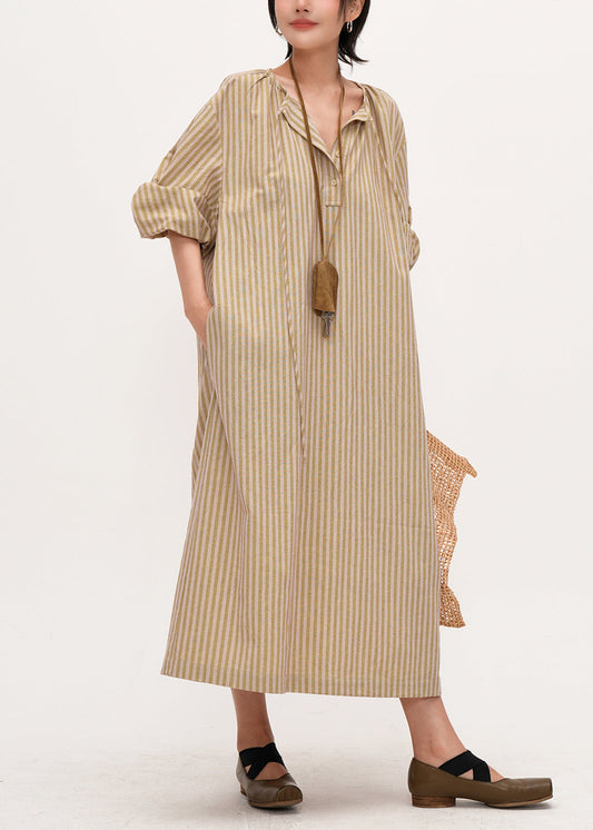 Khaki Oversized Striped Linen Maxi Dresses Bracelet Sleeve