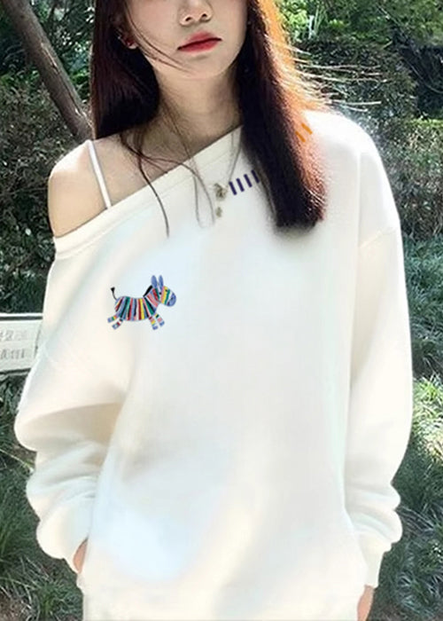 Loose White Print Cotton T Shirts Top Fall