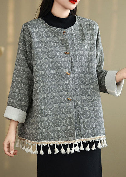 Chinese Style O-neck Tassel Jacquard Cotton Coat Spring