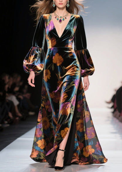 V Neck Print Side Open Velvet Robe Dresses Fall