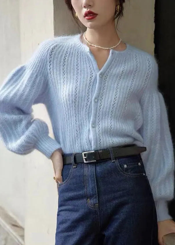 Blue Button Hollow Out Ma Hai Mao Sweaters Lantern Sleeve