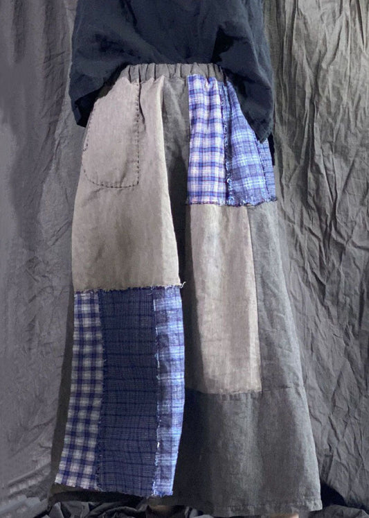 Colorblock Wrinkled Pockets Patchwork Linen Skirts Spring