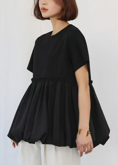 Black Ruffled Patchwork Cotton Tops Summer