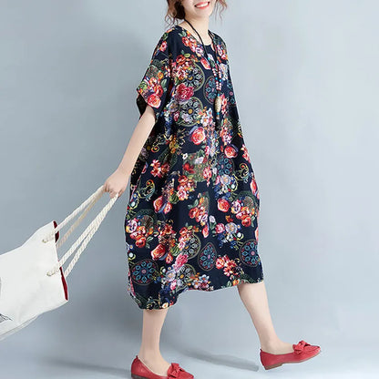 Black Long Linen Dress Prints Cotton Dress Short Sleeve Linen Dress