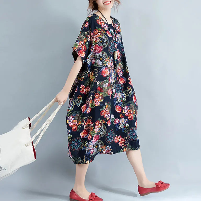 Black Long Linen Dress Prints Cotton Dress Short Sleeve Linen Dress