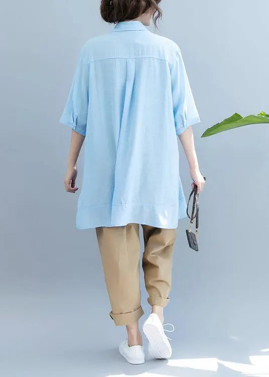 Handmade Light Blue Blouse Lapel Half Sleeve Midi Blouses