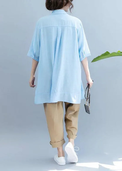 Handmade Light Blue Blouse Lapel Half Sleeve Midi Blouses