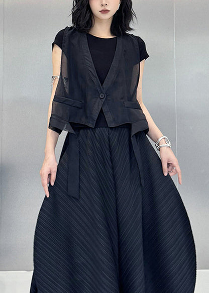 Black V Neck Asymmetrical Cotton Vest Tops Summer